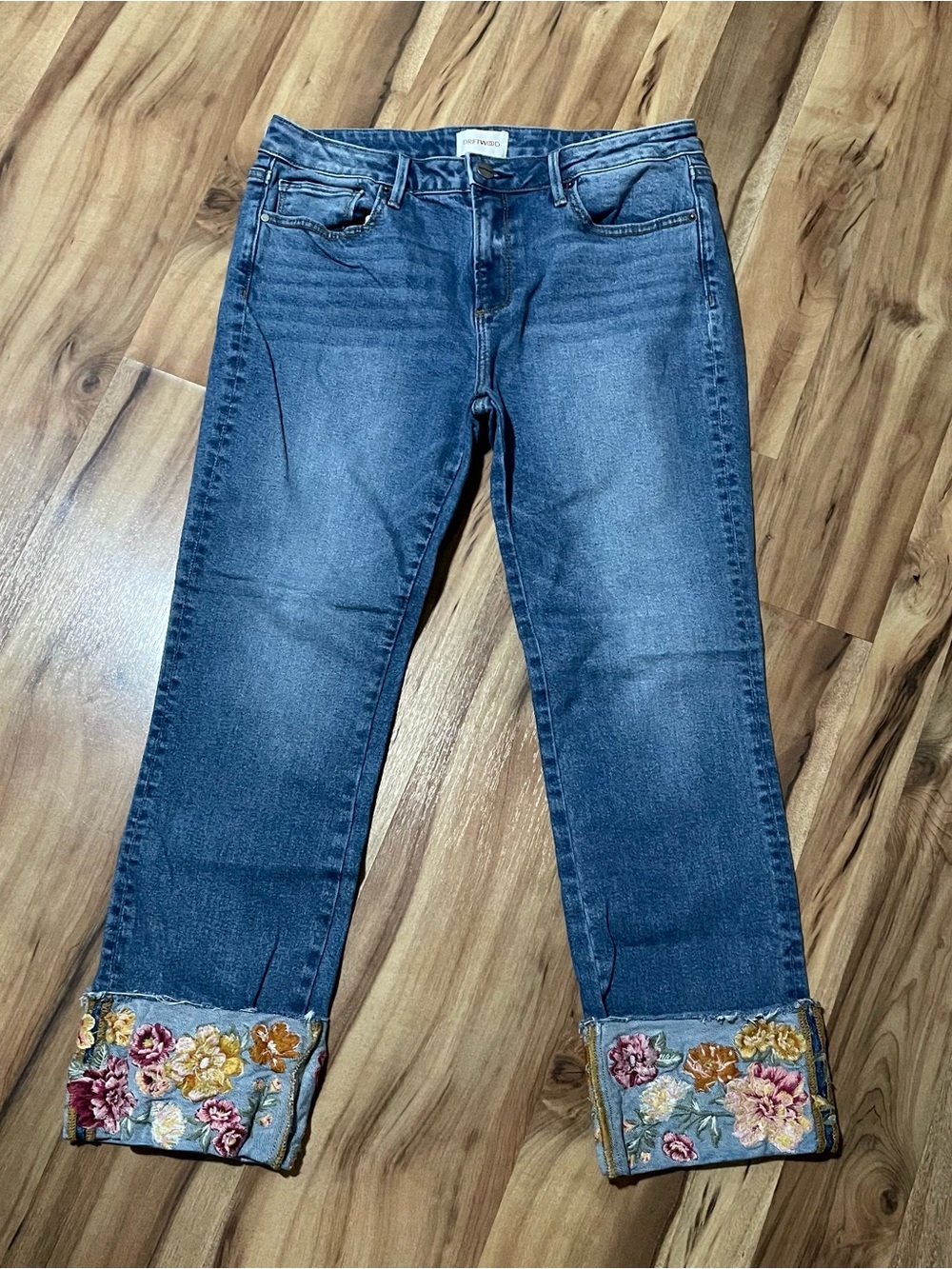 Driftwood Colette Embroidered Crop Jeans - Boho Floral Cuffed Wide Hem Denim 10